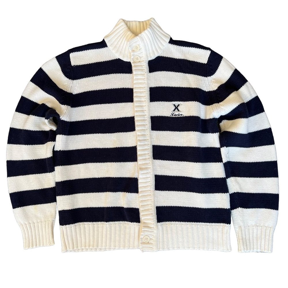 Women’s Vintage Xavier Musketeers Preppy Zip Cardigan Blue White Tripe Large